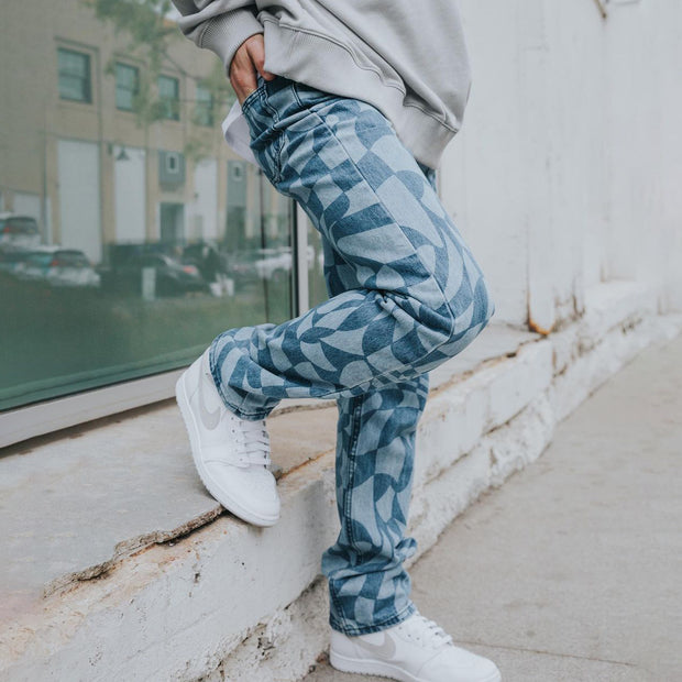 Washed statement diamond print straight-leg jeans