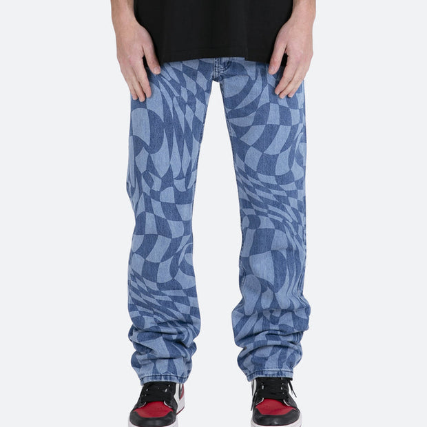 Washed statement diamond print straight-leg jeans