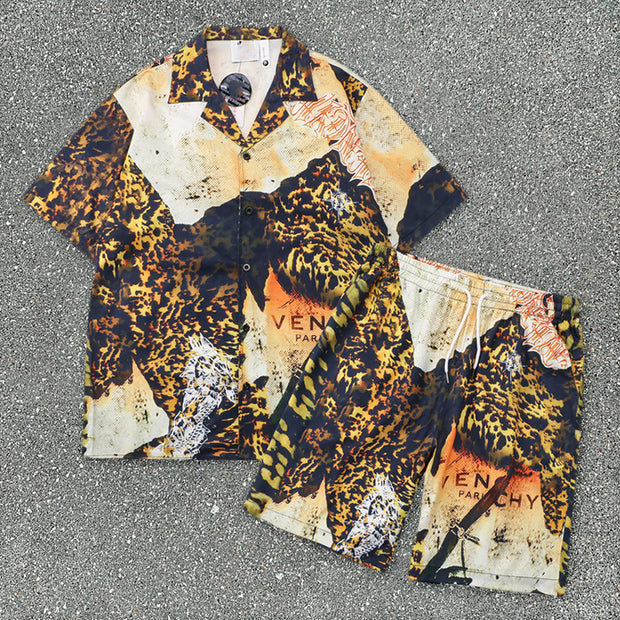 Trendy Leopard Print Loose Short Sleeve Shirt Suit