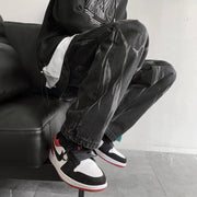 Black tie-dye jeans men's straight chic loose and handsome American oversize pants high street ins tide brand