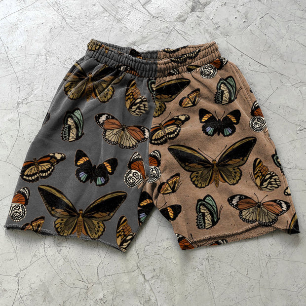 Contrast stitching butterfly print retro casual shorts
