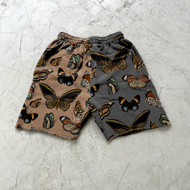 Contrast stitching butterfly print retro casual shorts