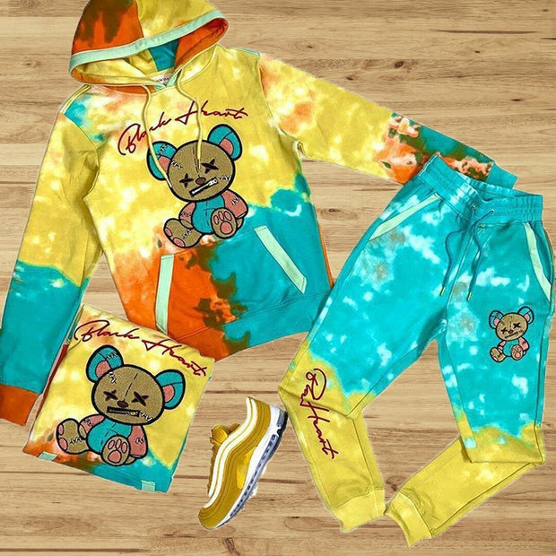 Casual hit color bear print sweatshirt pants suit