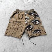 Line eyes art retro print casual shorts