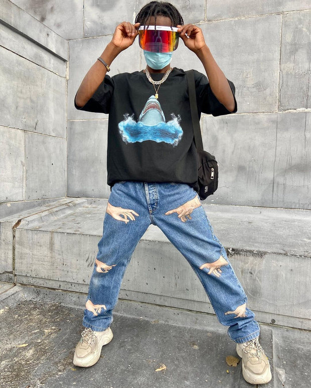 Casual personality finger print retro denim trousers