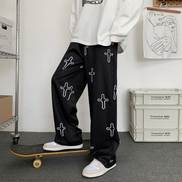 Black pants men's trend ins tide brand street retro cross full print casual pants cool trousers men and women trend