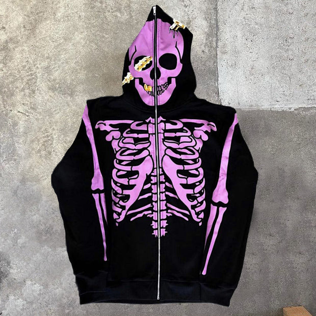 Personalized skull print long sleeve zip hoodie