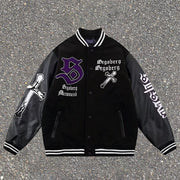 Embroidered paneled leather vintage baseball jacket