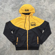 College yellow and black contrast print hooded windbreaker jacket