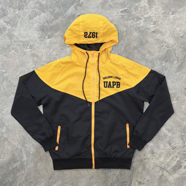 College yellow and black contrast print hooded windbreaker jacket