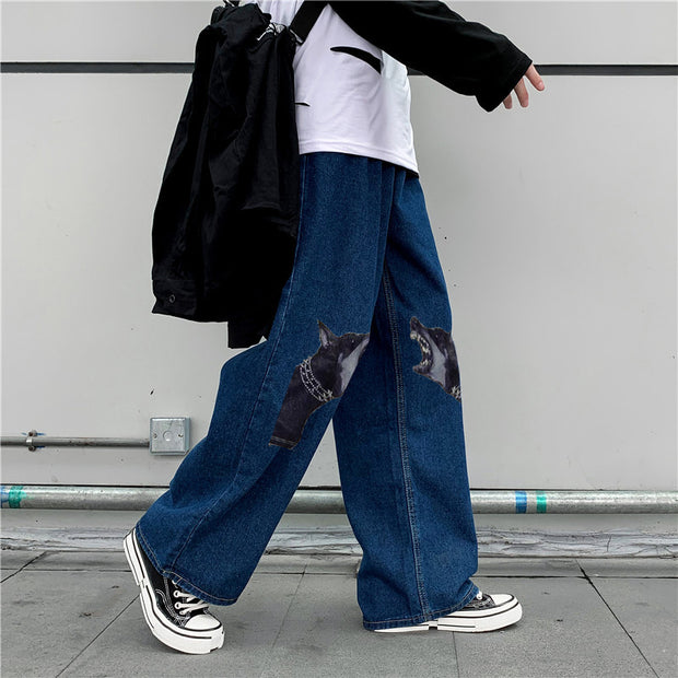 Personalized print street fashion denim trousers