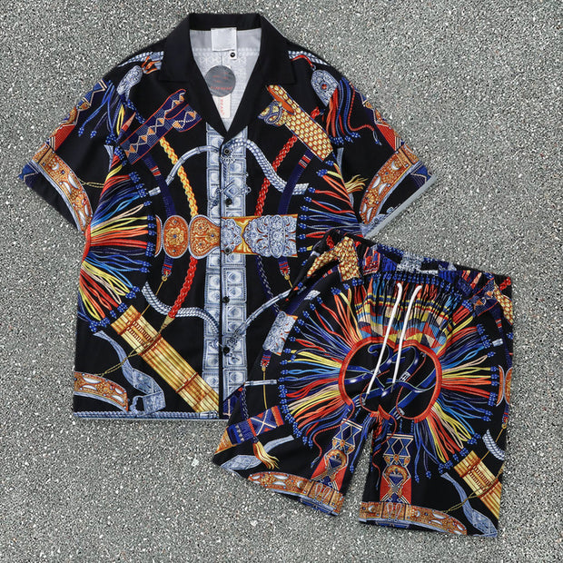 Tide brand casual Indian pattern short-sleeved shirt suit
