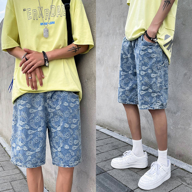 Fashion street cashew flower denim shorts