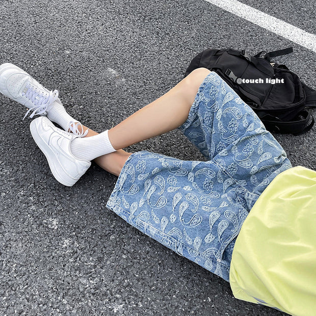 Fashion street cashew flower denim shorts