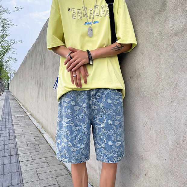 Fashion street cashew flower denim shorts