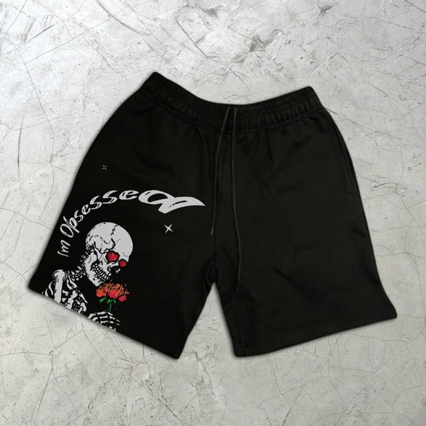 Skull Rose Print Elastic Shorts