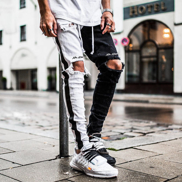 Asymmetric colorblock shredded straight zip jeans