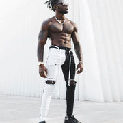 Asymmetric colorblock shredded straight zip jeans