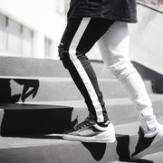 Asymmetric colorblock shredded straight zip jeans