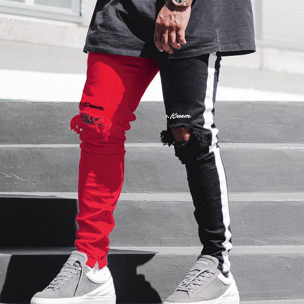 Asymmetric colorblock shredded straight zip jeans