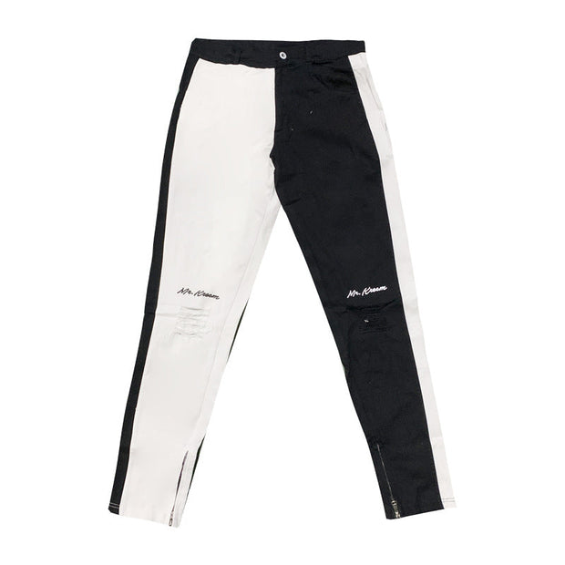 Asymmetric colorblock shredded straight zip jeans