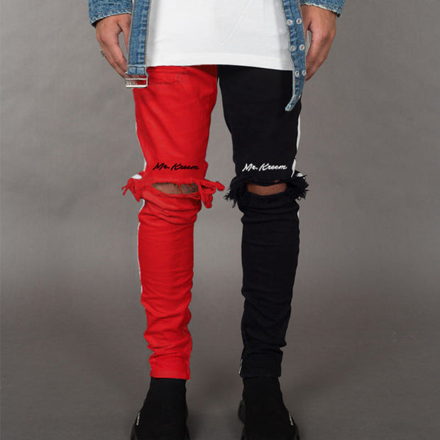 Asymmetric colorblock shredded straight zip jeans