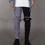 Asymmetric colorblock shredded straight zip jeans