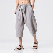 Loose harem pants linen pants lace-up solid color cotton and linen cropped pants