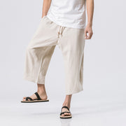 Loose harem pants linen pants lace-up solid color cotton and linen cropped pants
