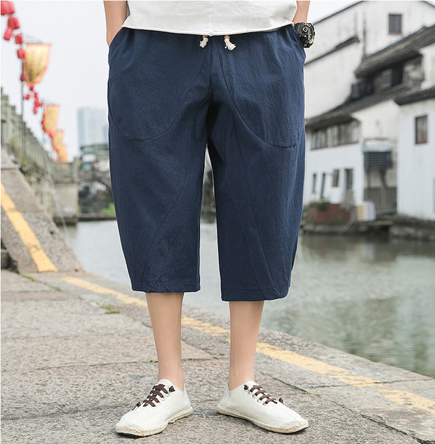 Loose harem pants linen pants lace-up solid color cotton and linen cropped pants