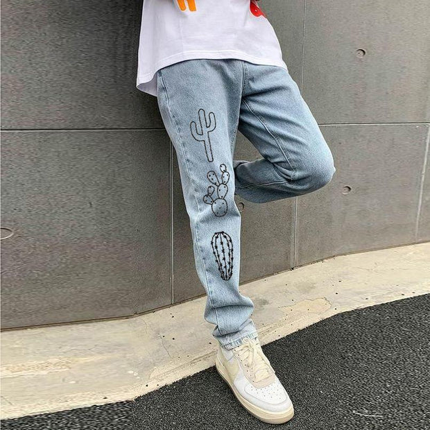 Cactus pattern street straight-leg jeans