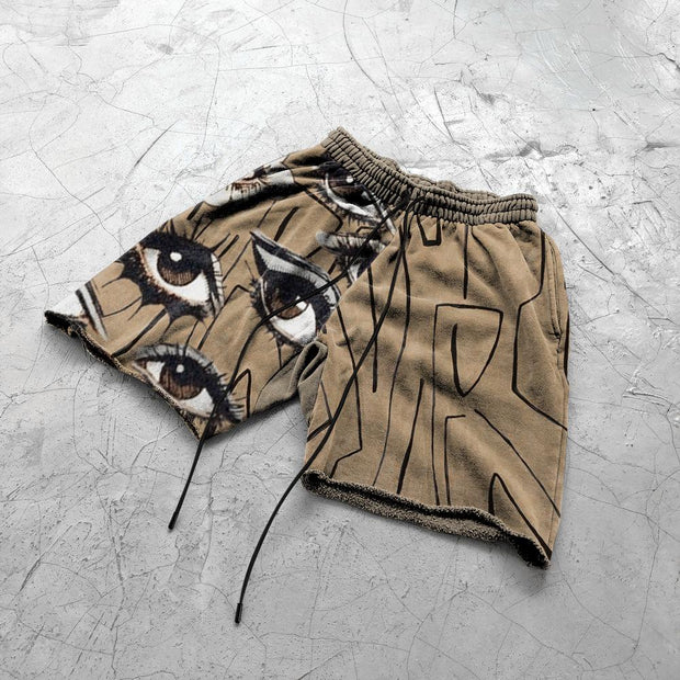 Line eyes art retro print casual shorts
