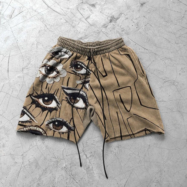 Line eyes art retro print casual shorts