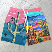 Fashion Cactus Print Mesh Shorts