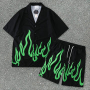 Tide brand flame loose short-sleeved shirt shorts casual suit
