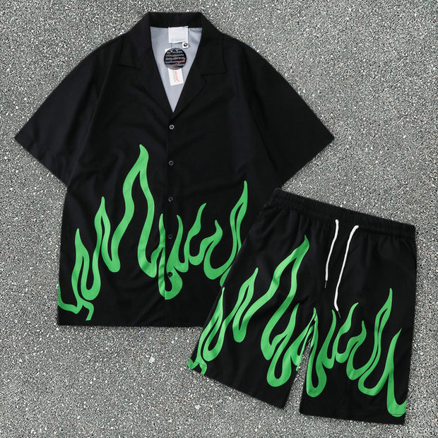 Tide brand flame loose short-sleeved shirt shorts casual suit