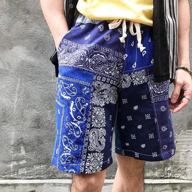Cashew flower contrast straight-tube micro-elastic cotton shorts