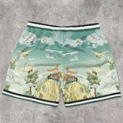 Art-inspired patterned mesh track shorts