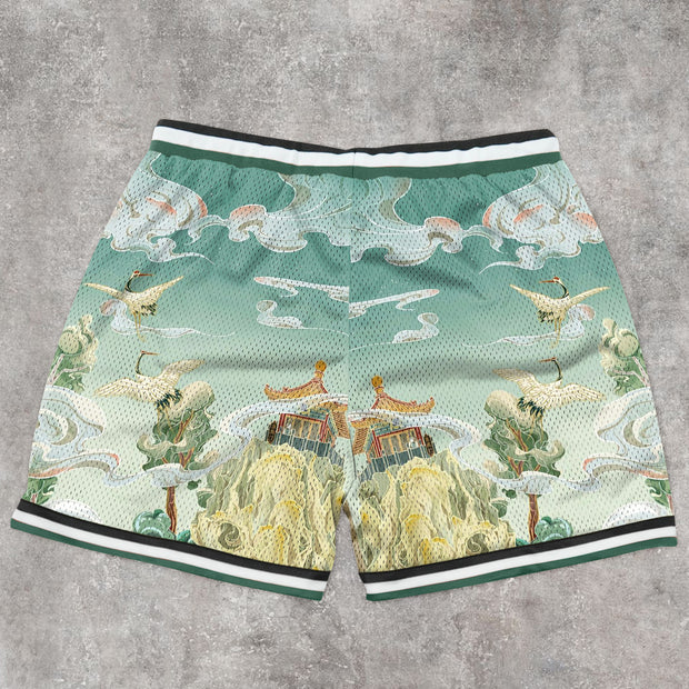 Art-inspired patterned mesh track shorts