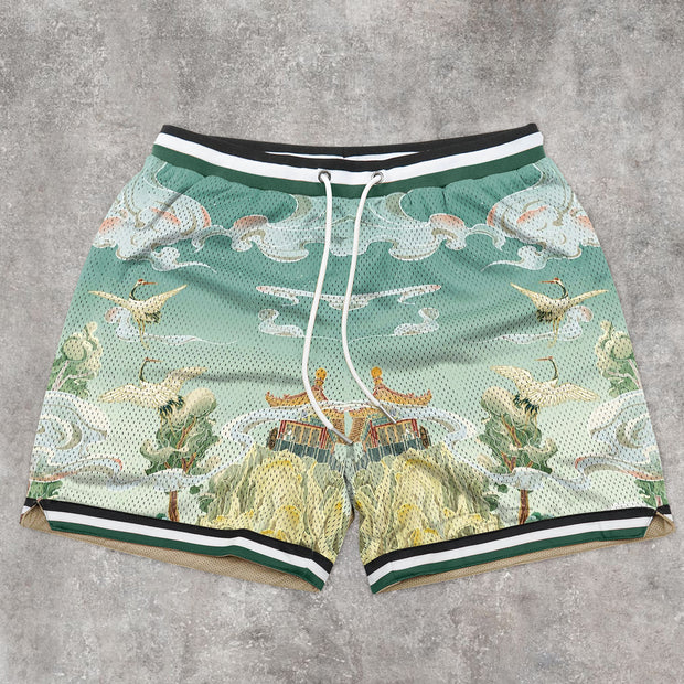Art-inspired patterned mesh track shorts