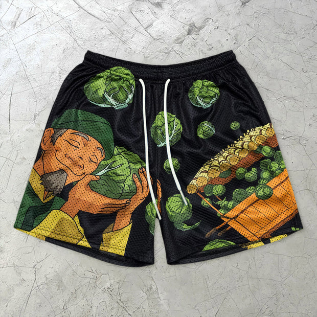Trendy comic pattern street mesh shorts