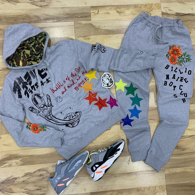 Casual printed hooded pullover sweatshirt pants suit