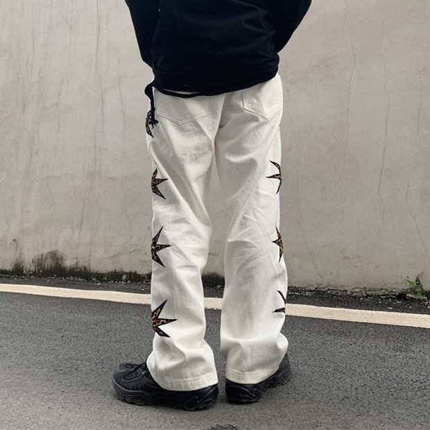 Side leopard street casual denim trousers