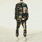 Retro Street Style Round Neck Long Sleeve Sweatshirt and Pants Set