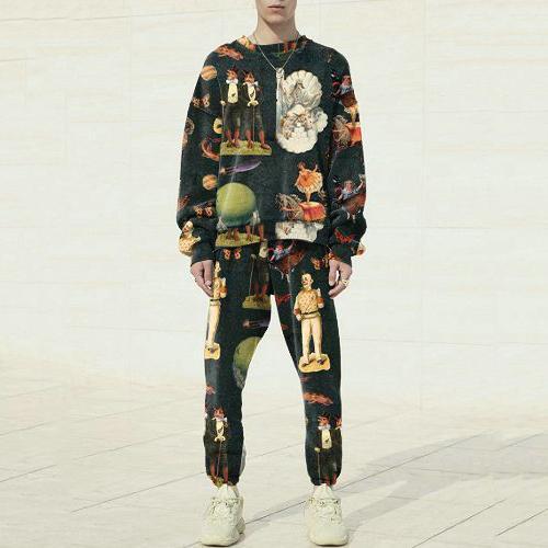 Retro Street Style Round Neck Long Sleeve Sweatshirt and Pants Set