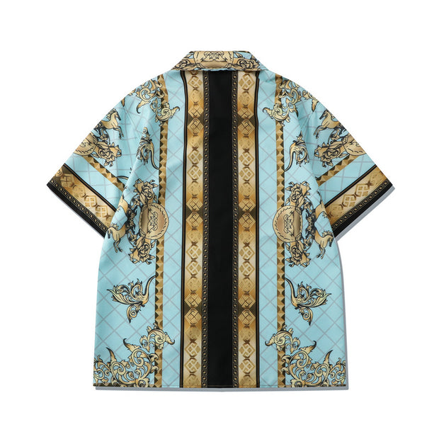 Beach Casual Retro Palace Print Loose Shorts Short Sleeve Suit
