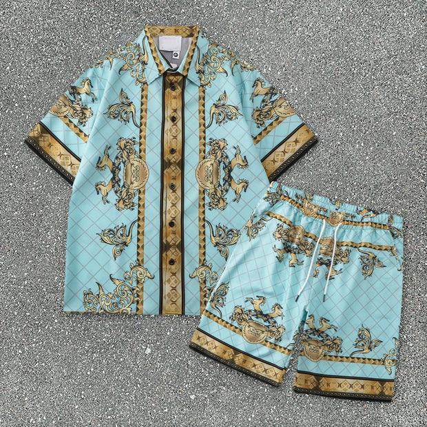 Beach Casual Retro Palace Print Loose Shorts Short Sleeve Suit