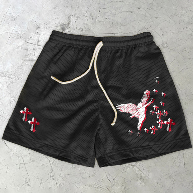 Faith Cross Angel Print Mesh Shorts