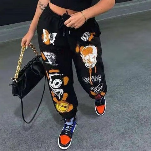 Casual street print jogging pants drawstring cargo sweatpants