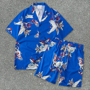 Seaside Beach Casual Crane Short Sleeve Shorts Suit